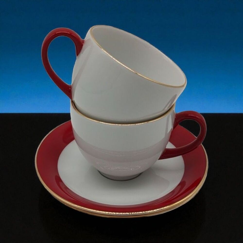 Service for Two 4 Piece Ten Strawberry Street Red Gold Cup Saucer Dish Gift Set